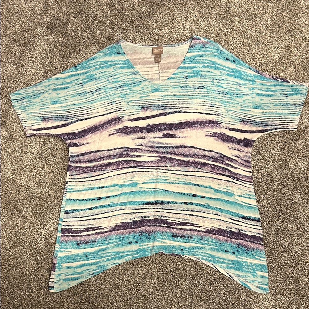 Chico's Aqua and Lavender Striped Short Sleeve Top Size 3